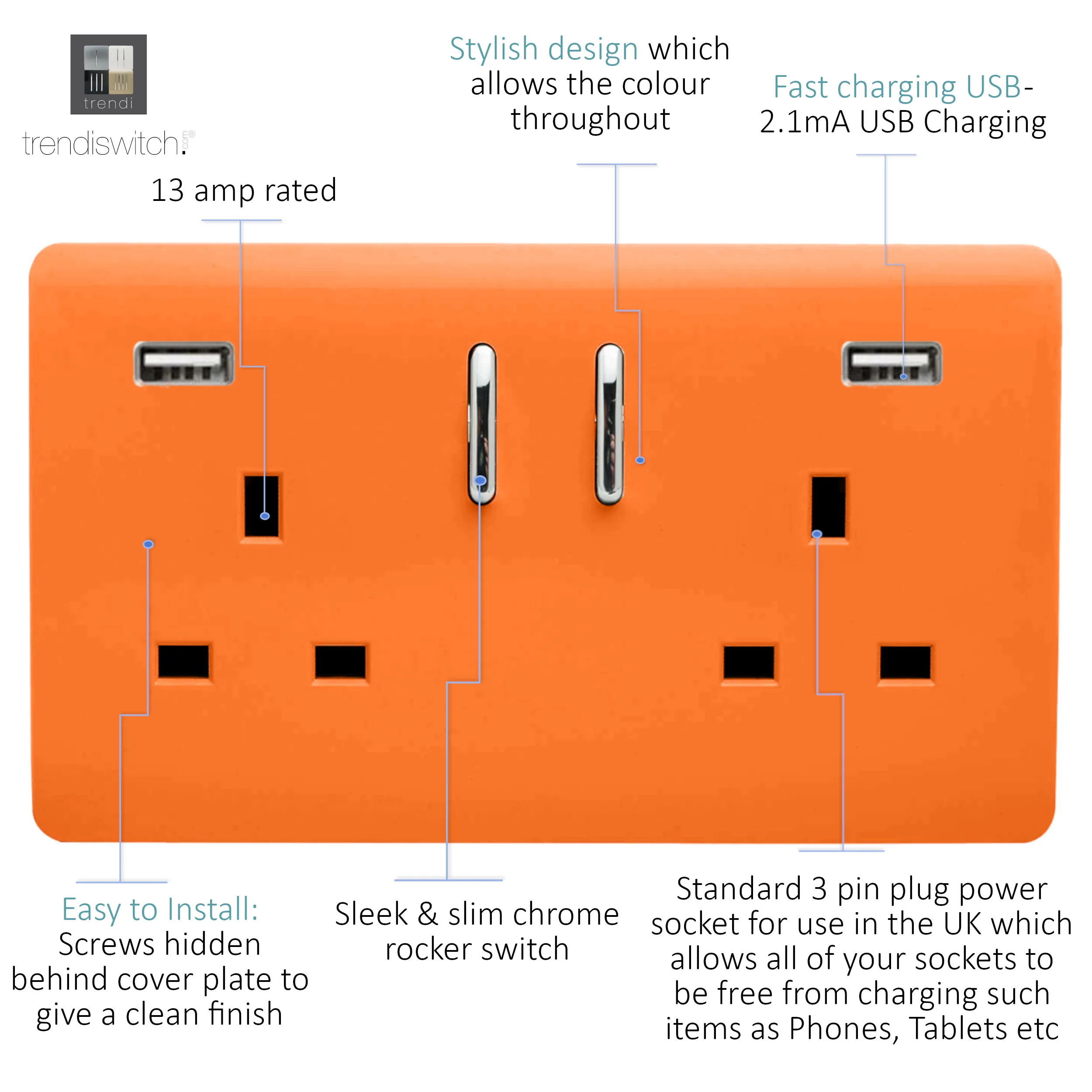 2 Gang 13Amp Short S/W Double Socket With 2x3.1Mah USB Orange ART-SKT213USB31AAOR  Trendi Orange